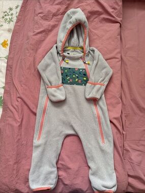 MEC Kids Grey Fleece One-Piece with Coral Trim and Green Patterned Chest